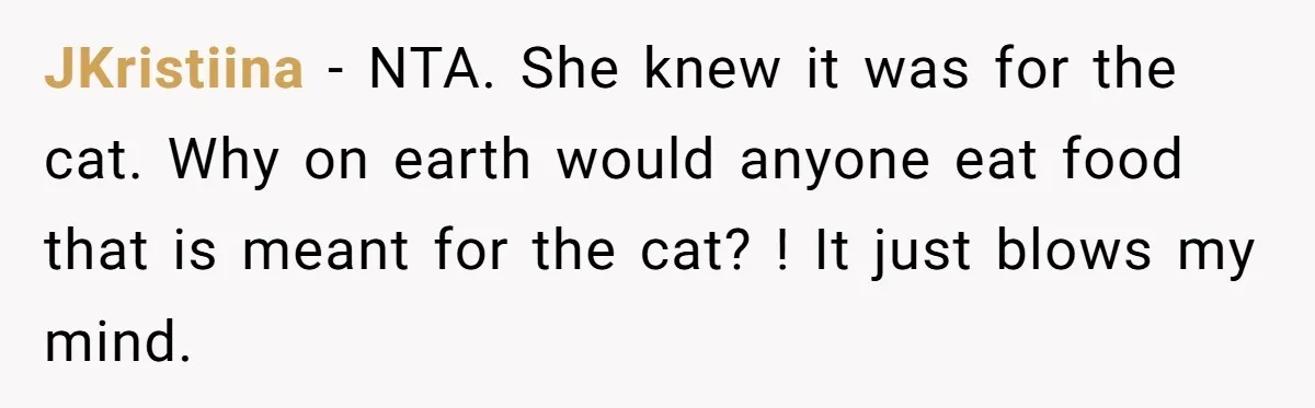 JKristiina − NTA. She knew it was for the cat. Why on earth would anyone eat food that is meant for the cat? ! It just blows my mind.