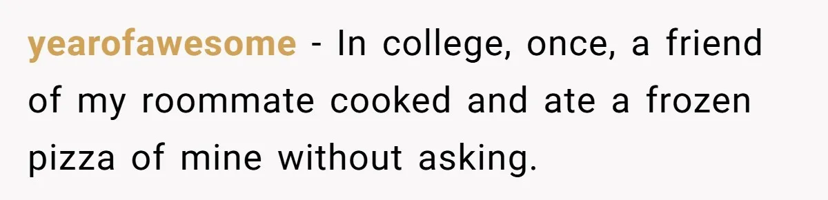 yearofawesome − In college, once, a friend of my roommate cooked and ate a frozen pizza of mine without asking.