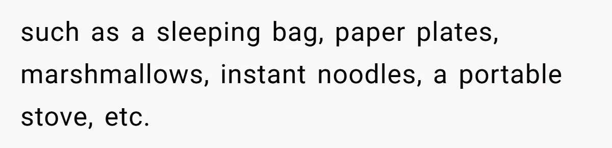 such as a sleeping bag, paper plates, marshmallows, instant noodles, a portable stove, etc.