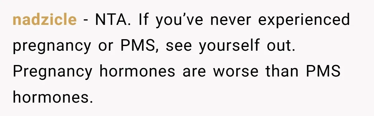 nadzicle − NTA. If you’ve never experienced pregnancy or PMS, see yourself out. Pregnancy hormones are worse than PMS hormones.