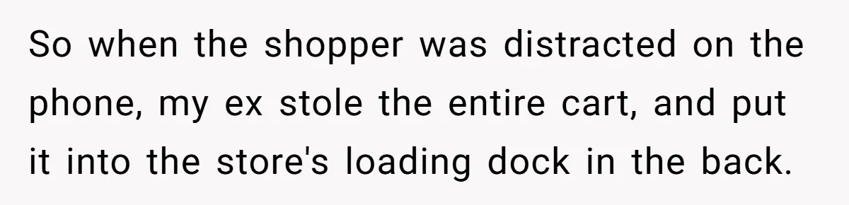 So when the shopper was distracted on the phone, my ex stole the entire cart, and put it into the store's loading dock in the back.