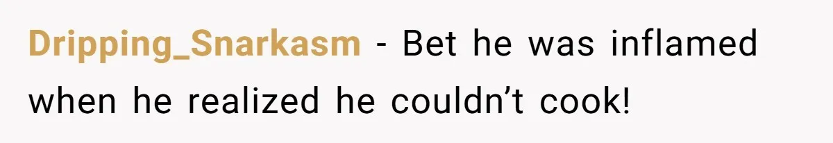 Dripping_Snarkasm − Bet he was inflamed when he realized he couldn’t cook!