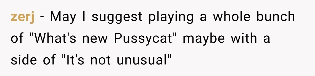 Neighbor Blasts Music At 7:30AM, Tenant Connects To Their Speakers And Plays Their Own Jam zerj − May I suggest playing a whole bunch of "What's new Pussycat" maybe with a side of "It's not unusual"