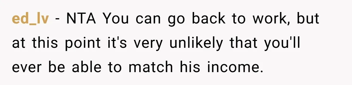 ed_lv − NTA You can go back to work, but at this point it's very unlikely that you'll ever be able to match his income.