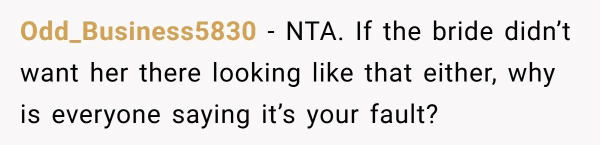 Odd_Business5830 − NTA. If the bride didn’t want her there looking like that either, why is everyone saying it’s your fault?
