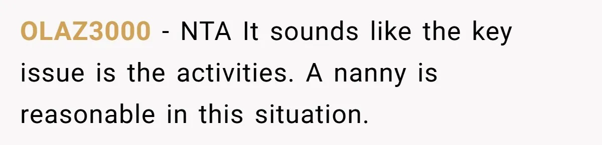 OLAZ3000 − NTA It sounds like the key issue is the activities. A nanny is reasonable in this situation.