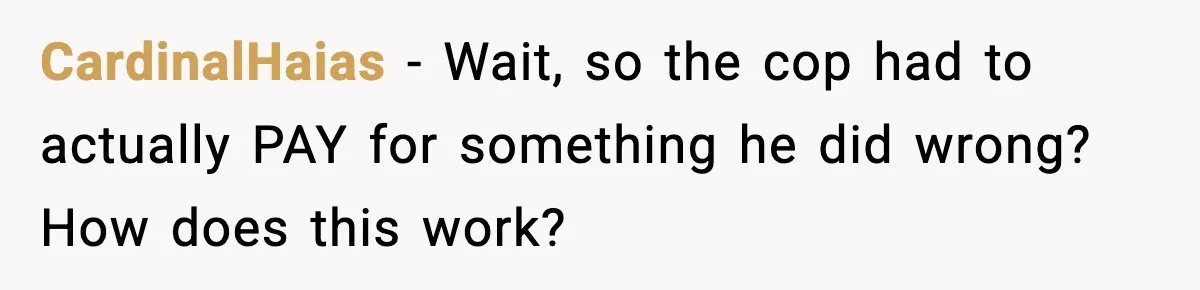 CardinalHaias − Wait, so the cop had to actually PAY for something he did wrong? How does this work?