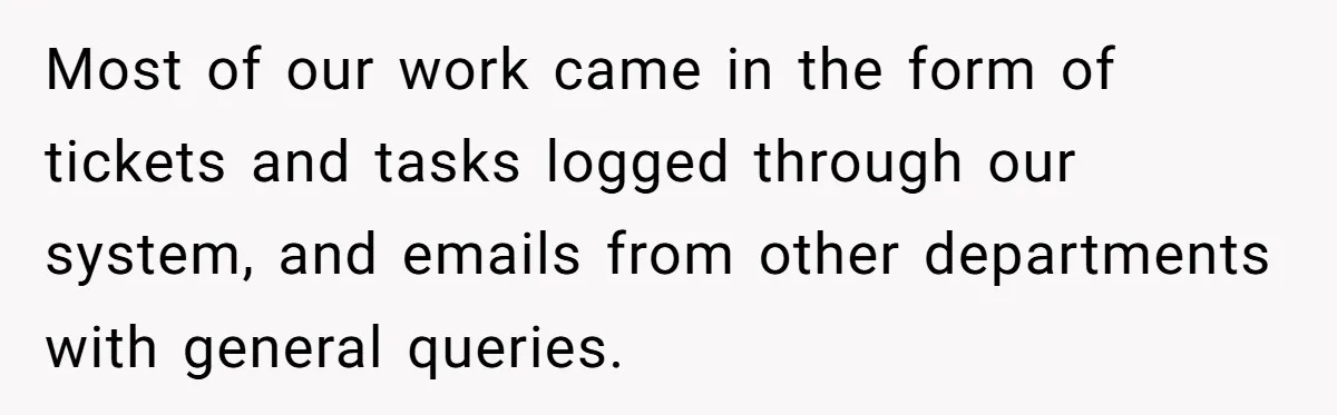 Most of our work came in the form of tickets and tasks logged through our system, and emails from other departments with general queries.