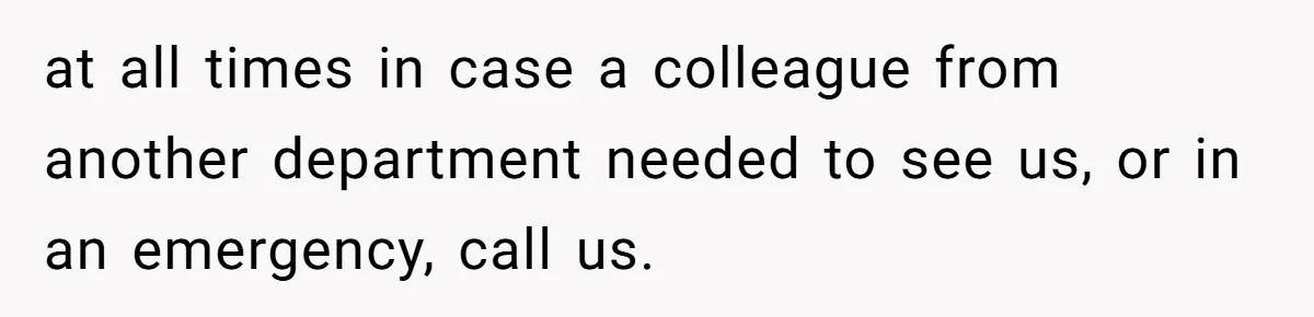 at all times in case a colleague from another department needed to see us, or in an emergency, call us.