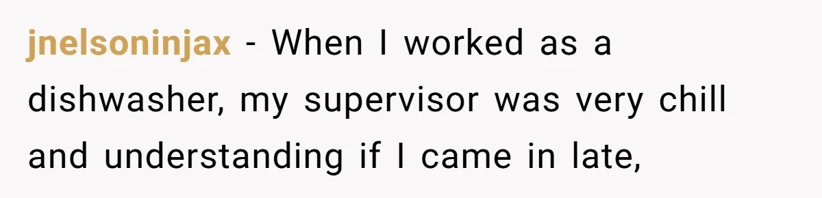 jnelsoninjax − When I worked as a dishwasher, my supervisor was very chill and understanding if I came in late,