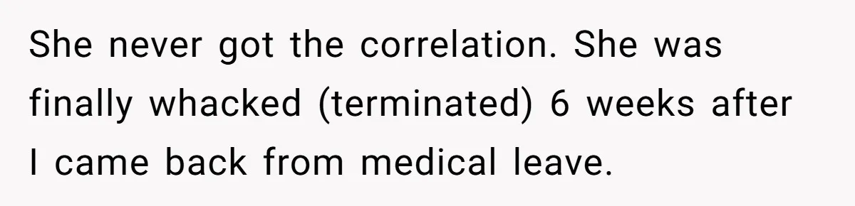 She never got the correlation. She was finally whacked (terminated) 6 weeks after I came back from medical leave.