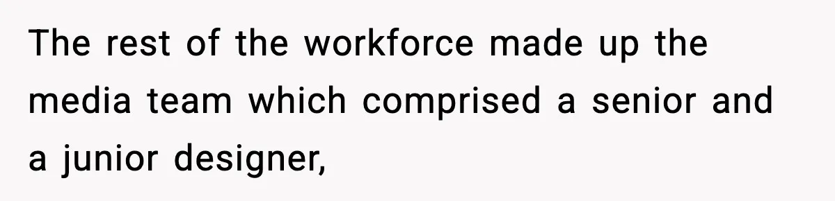 The rest of the workforce made up the media team which comprised a senior and a junior designer,