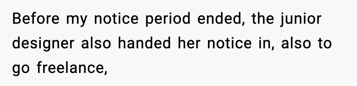 Before my notice period ended, the junior designer also handed her notice in, also to go freelance,