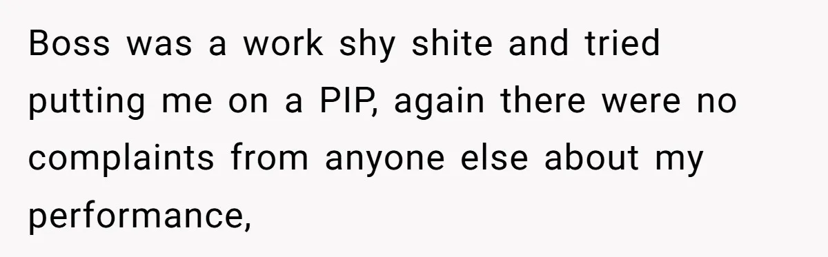 Boss was a work shy shite and tried putting me on a PIP, again there were no complaints from anyone else about my performance,