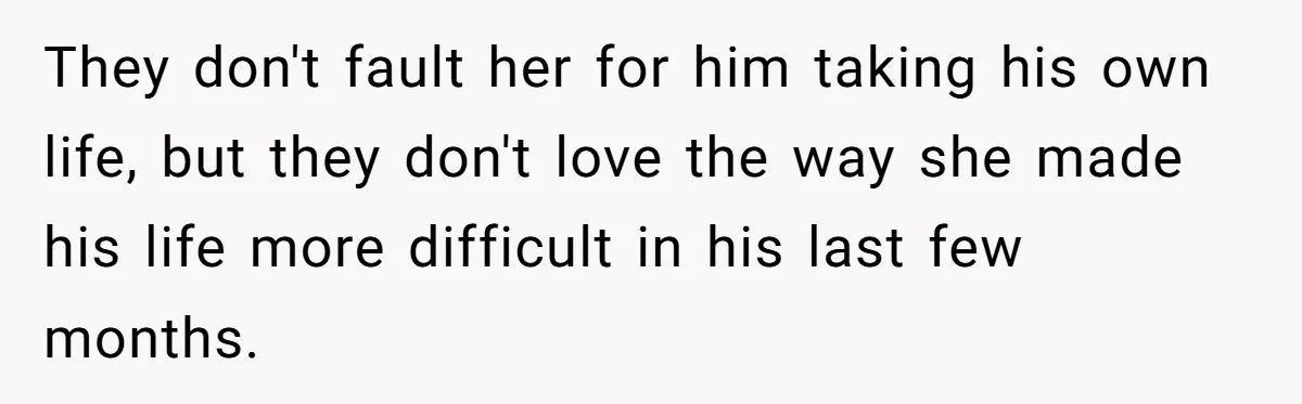 They don't fault her for him taking his own life, but they don't love the way she made his life more difficult in his last few months.