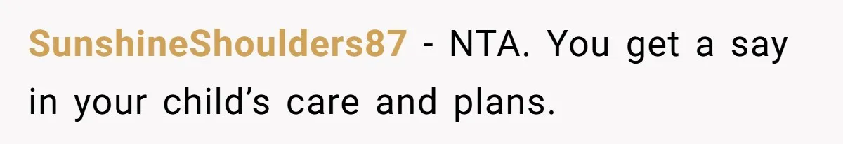SunshineShoulders87 − NTA. You get a say in your child’s care and plans.