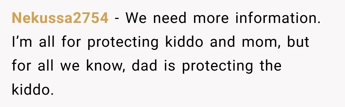 Nekussa2754 − We need more information. I’m all for protecting kiddo and mom, but for all we know, dad is protecting the kiddo.