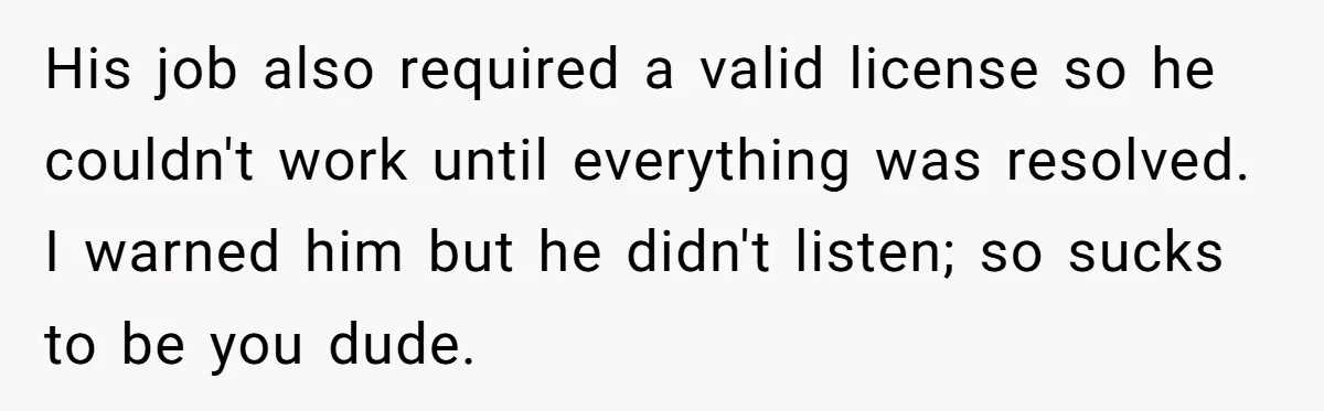 His job also required a valid license so he couldn't work until everything was resolved. I warned him but he didn't listen; so sucks to be you dude.