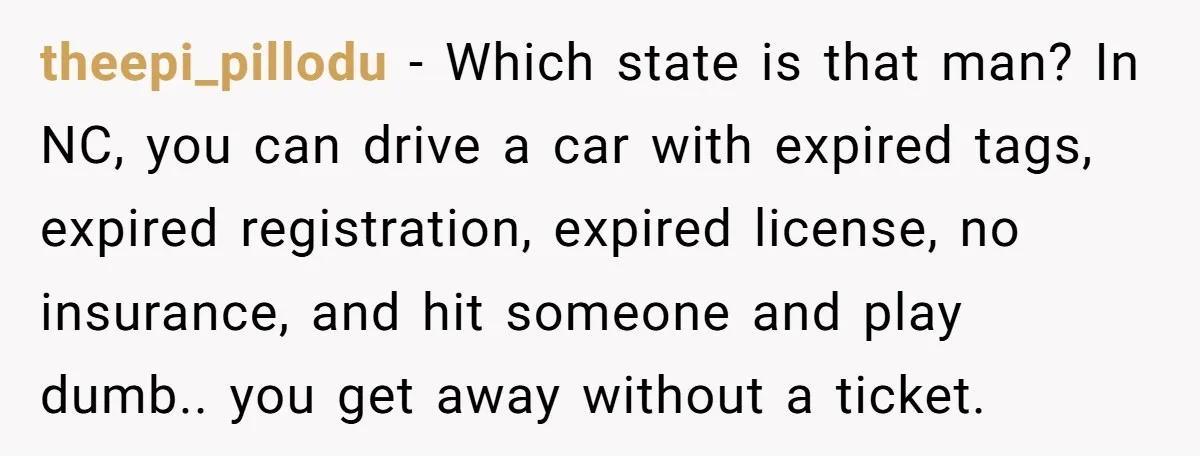 theepi_pillodu − Which state is that man? In NC, you can drive a car with expired tags, expired registration, expired license, no insurance, and hit someone and play dumb.. you...
