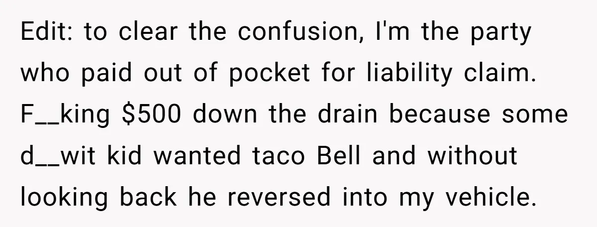 Edit: to clear the confusion, I'm the party who paid out of pocket for liability claim. F__king $500 down the drain because some d__wit kid wanted taco Bell and without...