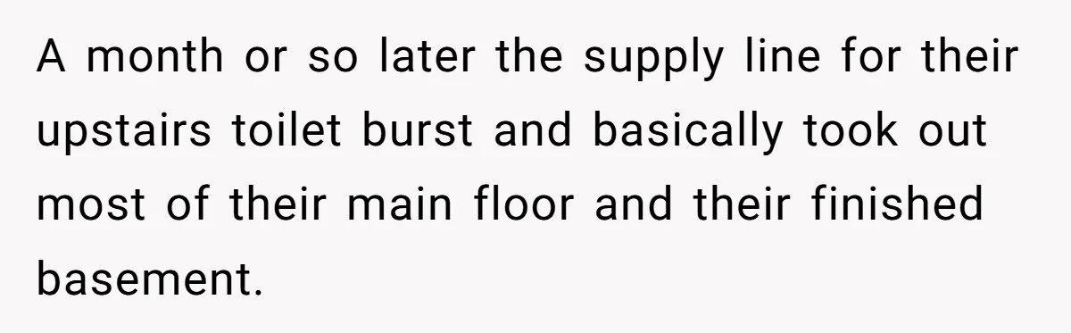 A month or so later the supply line for their upstairs toilet burst and basically took out most of their main floor and their finished basement.