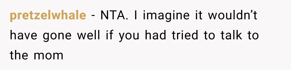 pretzelwhale − NTA. I imagine it wouldn’t have gone well if you had tried to talk to the mom