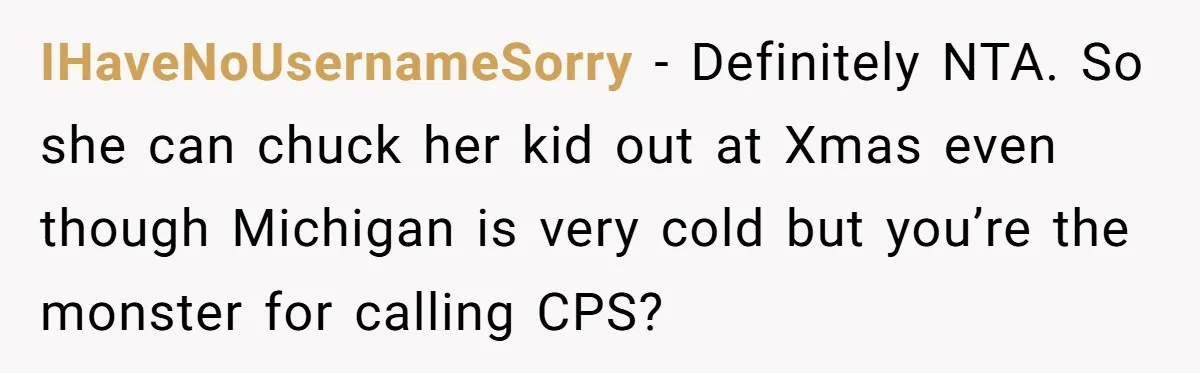 IHaveNoUsernameSorry − Definitely NTA. So she can chuck her kid out at Xmas even though Michigan is very cold but you’re the monster for calling CPS?