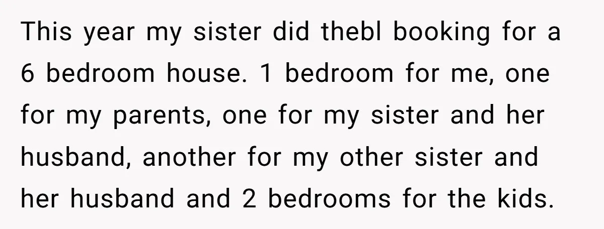 This year my sister did thebl booking for a 6 bedroom house. 1 bedroom for me, one for my parents, one for my sister and her husband, another for my...