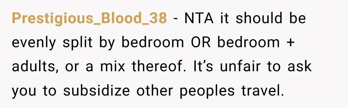 Prestigious_Blood_38 − NTA it should be evenly split by bedroom OR bedroom + adults, or a mix thereof. It’s unfair to ask you to subsidize other peoples travel.