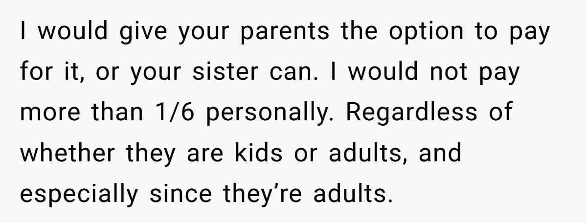 I would give your parents the option to pay for it, or your sister can. I would not pay more than 1/6 personally. Regardless of whether they are kids or...