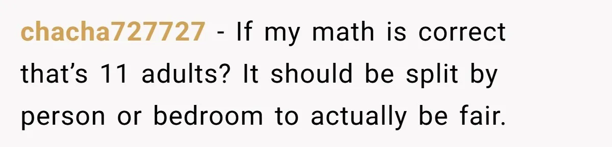 chacha727727 − If my math is correct that’s 11 adults? It should be split by person or bedroom to actually be fair.