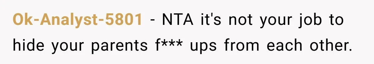 Ok-Analyst-5801 − NTA it's not your job to hide your parents f*** ups from each other.