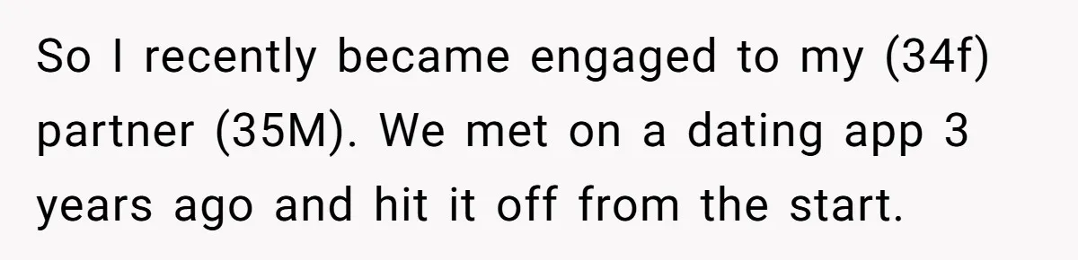 So I recently became engaged to my (34f) partner (35M). We met on a dating app 3 years ago and hit it off from the start.