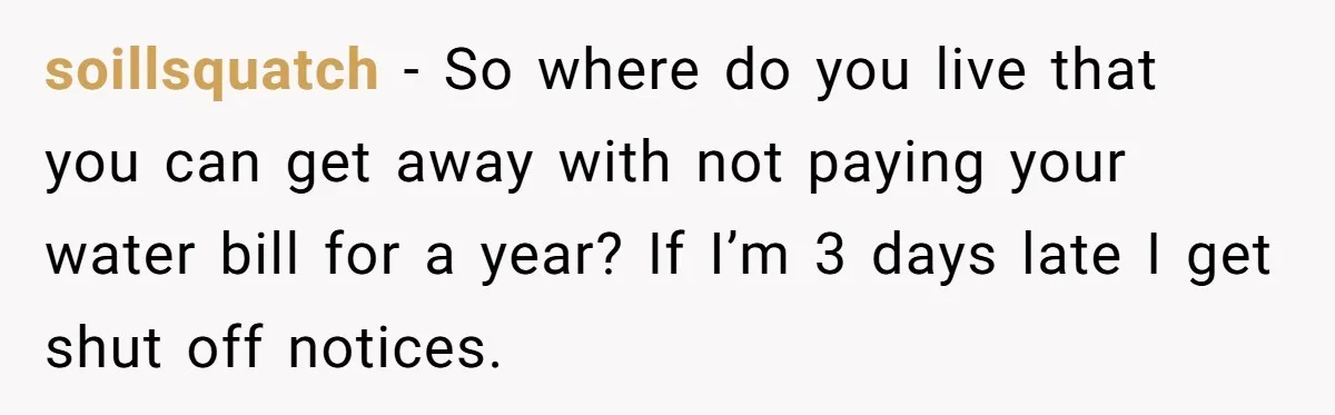 soillsquatch − So where do you live that you can get away with not paying your water bill for a year? If I’m 3 days late I get shut off...