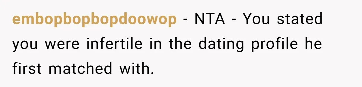 embopbopbopdoowop − NTA - You stated you were infertile in the dating profile he first matched with.