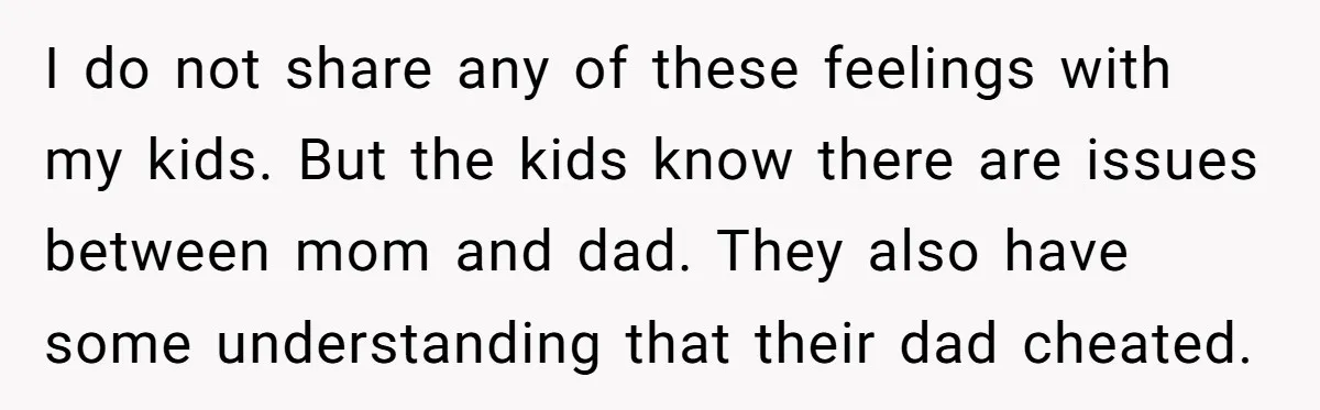 I do not share any of these feelings with my kids. But the kids know there are issues between mom and dad. They also have some understanding that their dad...