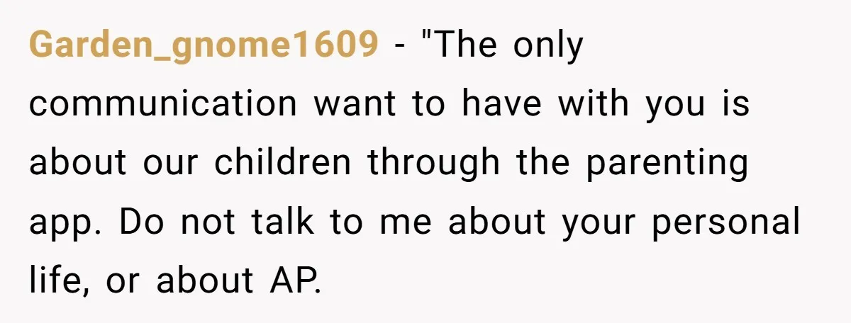 Garden_gnome1609 − "The only communication want to have with you is about our children through the parenting app. Do not talk to me about your personal life, or about AP.