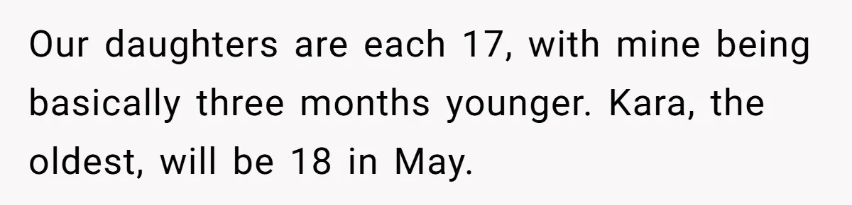 Our daughters are each 17, with mine being basically three months younger. Kara, the oldest, will be 18 in May.