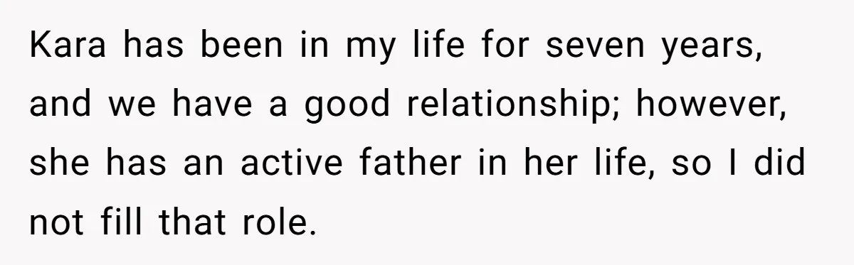 Kara has been in my life for seven years, and we have a good relationship; however, she has an active father in her life, so I did not fill that...