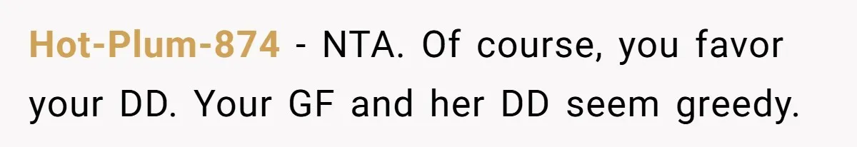 Hot-Plum-874 − NTA. Of course, you favor your DD. Your GF and her DD seem greedy.