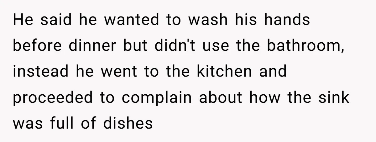 He said he wanted to wash his hands before dinner but didn't use the bathroom, instead he went to the kitchen and proceeded to complain about how the sink was...