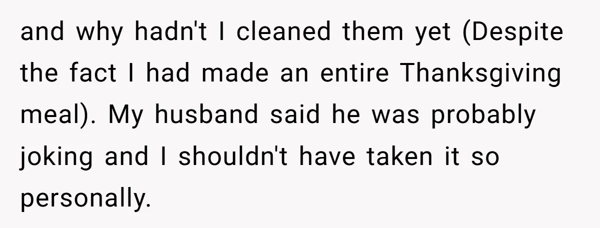 and why hadn't I cleaned them yet (Despite the fact I had made an entire Thanksgiving meal). My husband said he was probably joking and I shouldn't have taken it...