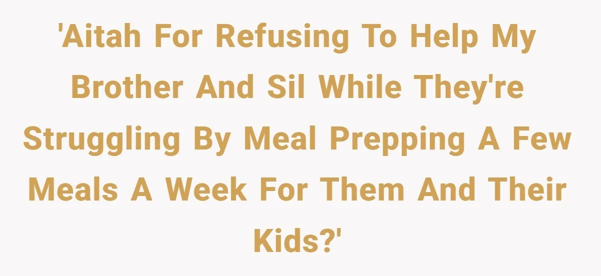 She Turned Her Neighbor’s Parking Nightmare Into a Feathered Revenge Saga 'AITAH for refusing to help my brother and SIL while they're struggling by meal prepping a few meals a week for them and their kids?'