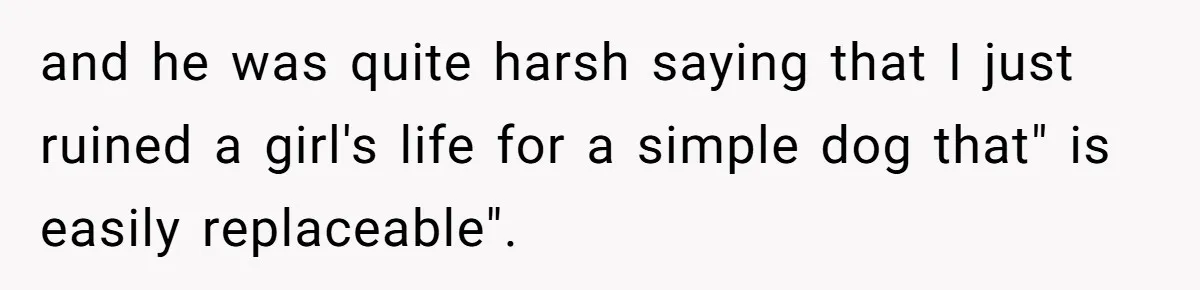 and he was quite harsh saying that I just ruined a girl's life for a simple dog that" is easily replaceable".