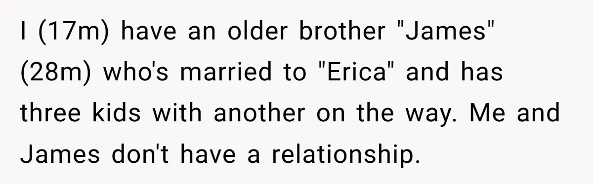 She Turned Her Neighbor’s Parking Nightmare Into a Feathered Revenge Saga I (17m) have an older brother "James" (28m) who's married to "Erica" and has three kids with another on the way. Me and James don't have a relationship.