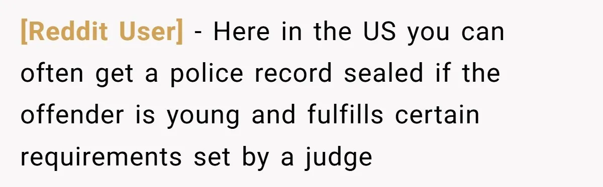 [Reddit User] − Here in the US you can often get a police record sealed if the offender is young and fulfills certain requirements set by a judge