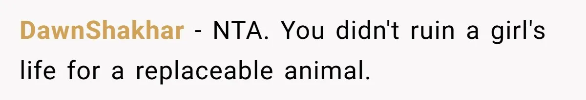 DawnShakhar − NTA. You didn't ruin a girl's life for a replaceable animal.