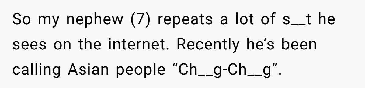 So my nephew (7) repeats a lot of s__t he sees on the internet. Recently he’s been calling Asian people “Ch__g-Ch__g”.