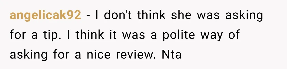 angelicak92 − I don't think she was asking for a tip. I think it was a polite way of asking for a nice review. Nta