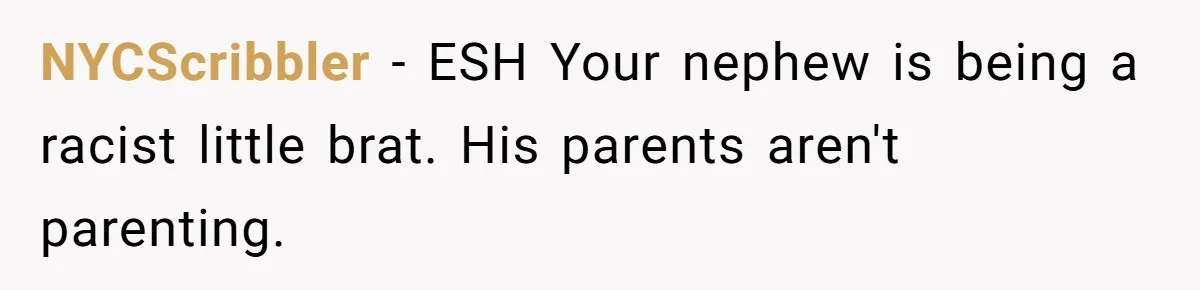 NYCScribbler − ESH Your nephew is being a racist little brat. His parents aren't parenting.